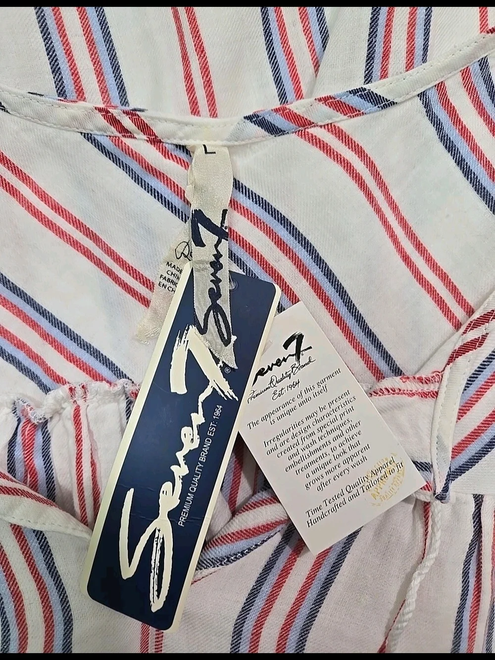 Seven7 Womens Large Sleeveless Tasseled Beachy Cotton Top White Red Blue Striped